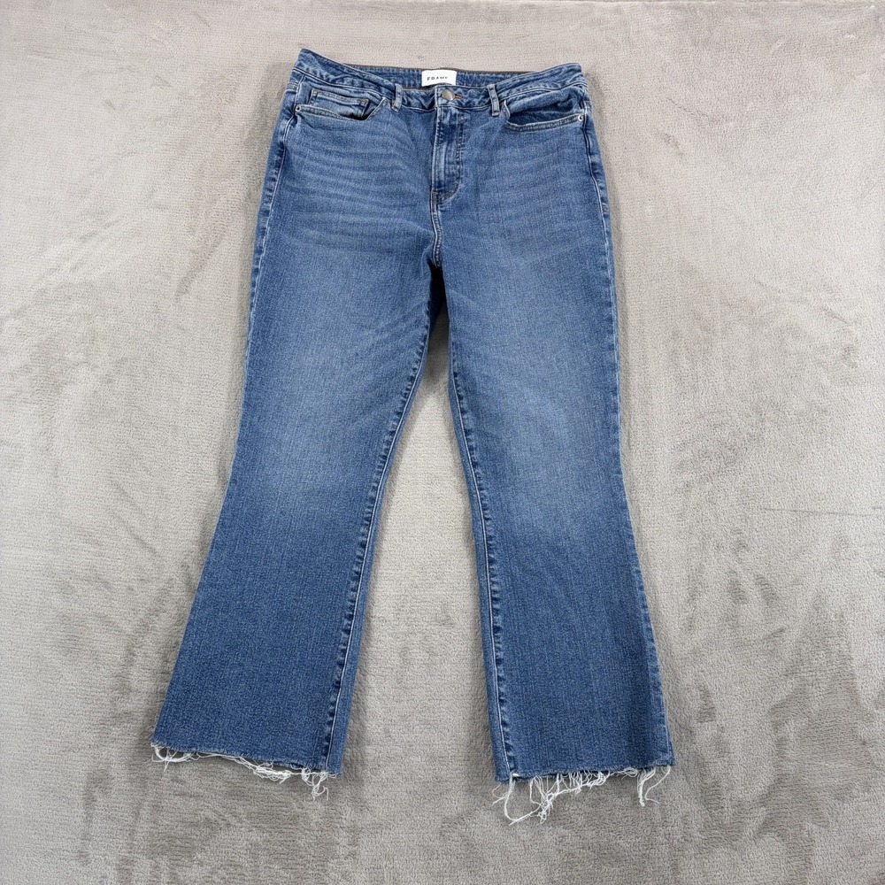 FRAME Le‎ Crop Mini Bootcut Jeans in Bixby Women 30 Medium Blue Wash Frayed Hem
